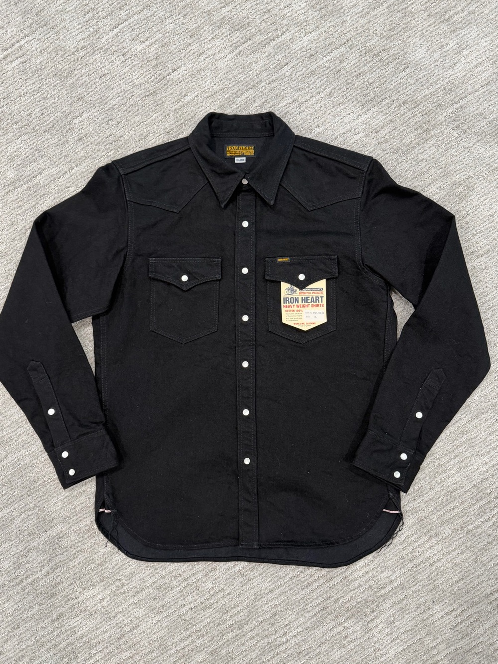 NWT IRON HEART SELVEDGE DENIM SNAP SHIRT - IHSH-295-BB - 14OZ BLACK/BLACK